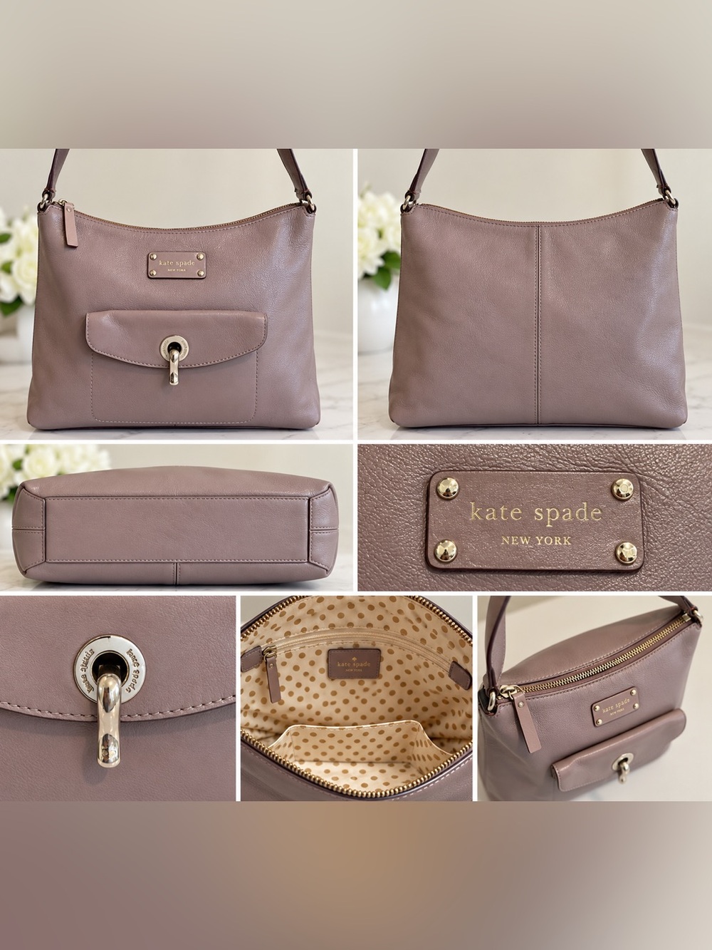 Kate Spade New York Mauve Purple Leather Shoulder Hobo Bag Turnlock Pocket